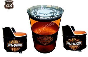 Kit Harley Davidson - Barzinho com led e tampo de vidro + 2  Poltronas